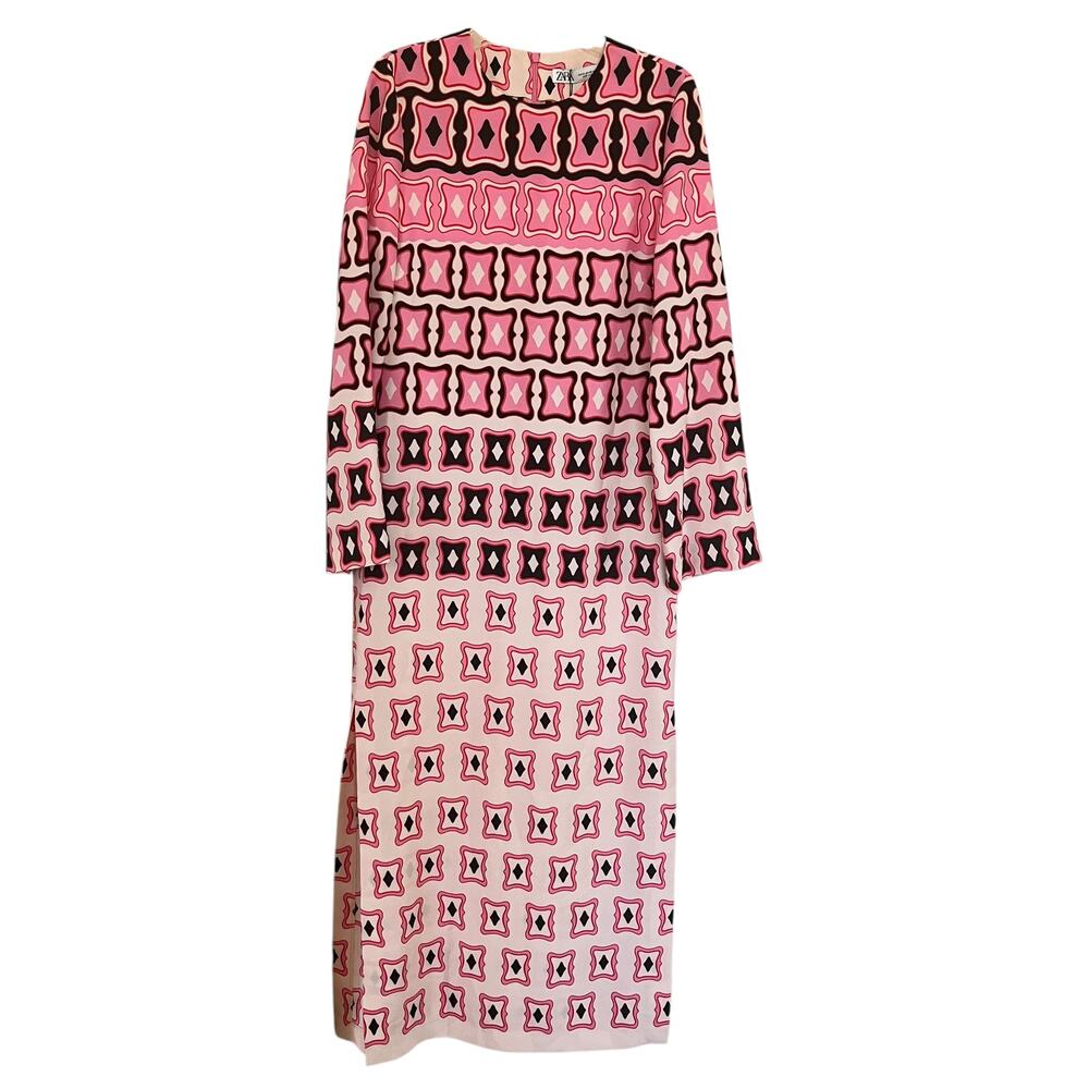 Zara Pink Geometric Print Long Sleeve Resort Travel Vacation Maxi Dress XS NWT - Picture 5 of 13
